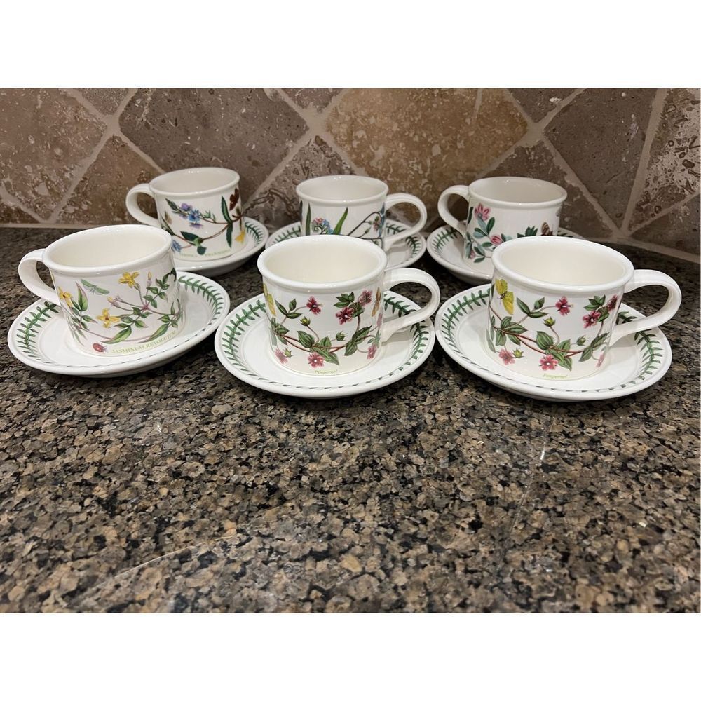 6 Portmerion Drum Teacups With Saucers